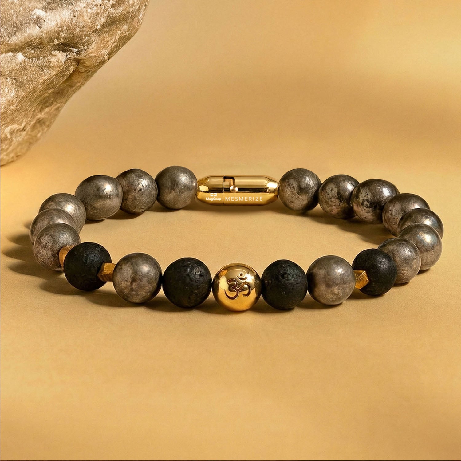 925 Sterling Silver Spiritual Om Pyrite Bracelet with Magsnap2