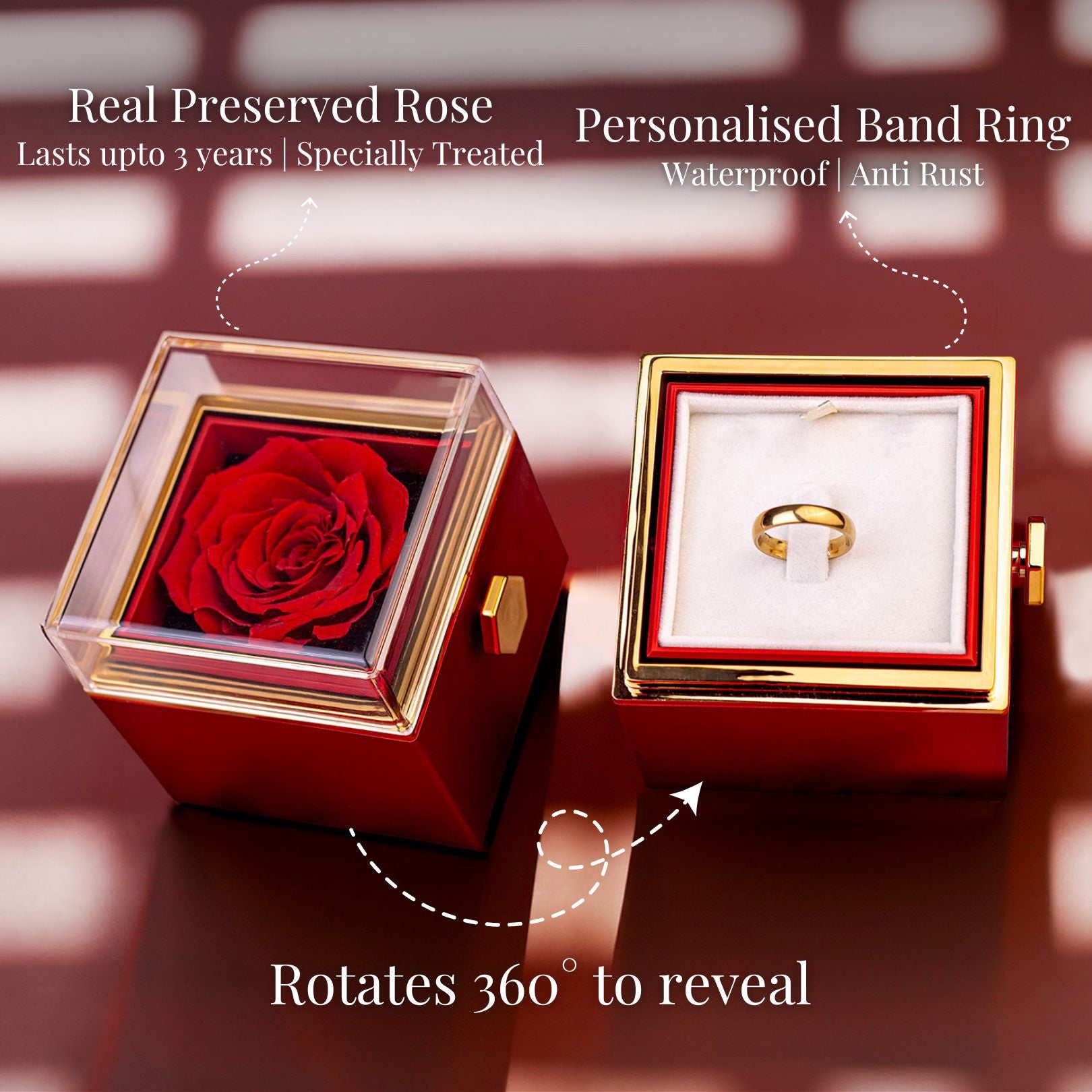 Rotating Preserved Rose Jewellery Box With Rings