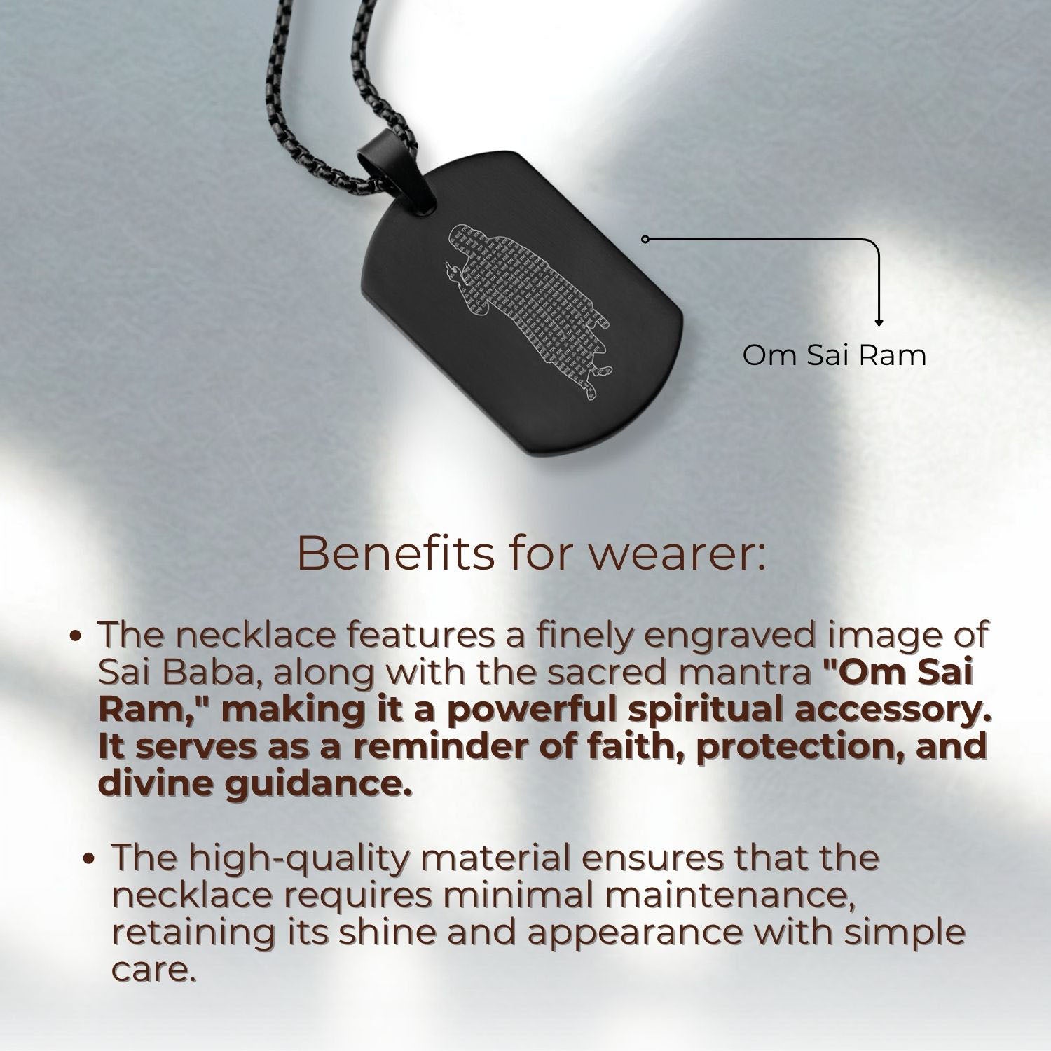 Om Sai Ram Inlay MicroCarved Tag Necklace Black