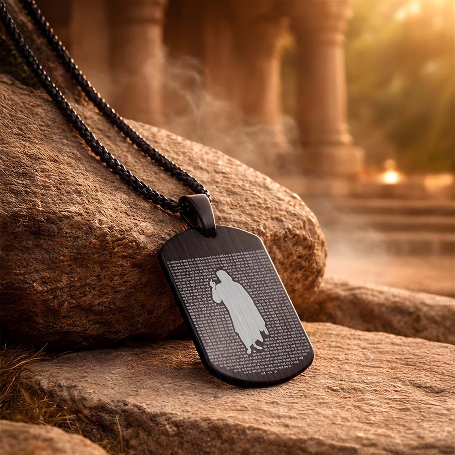 Om Sai Ram MicroCarved Tag Necklace Black
