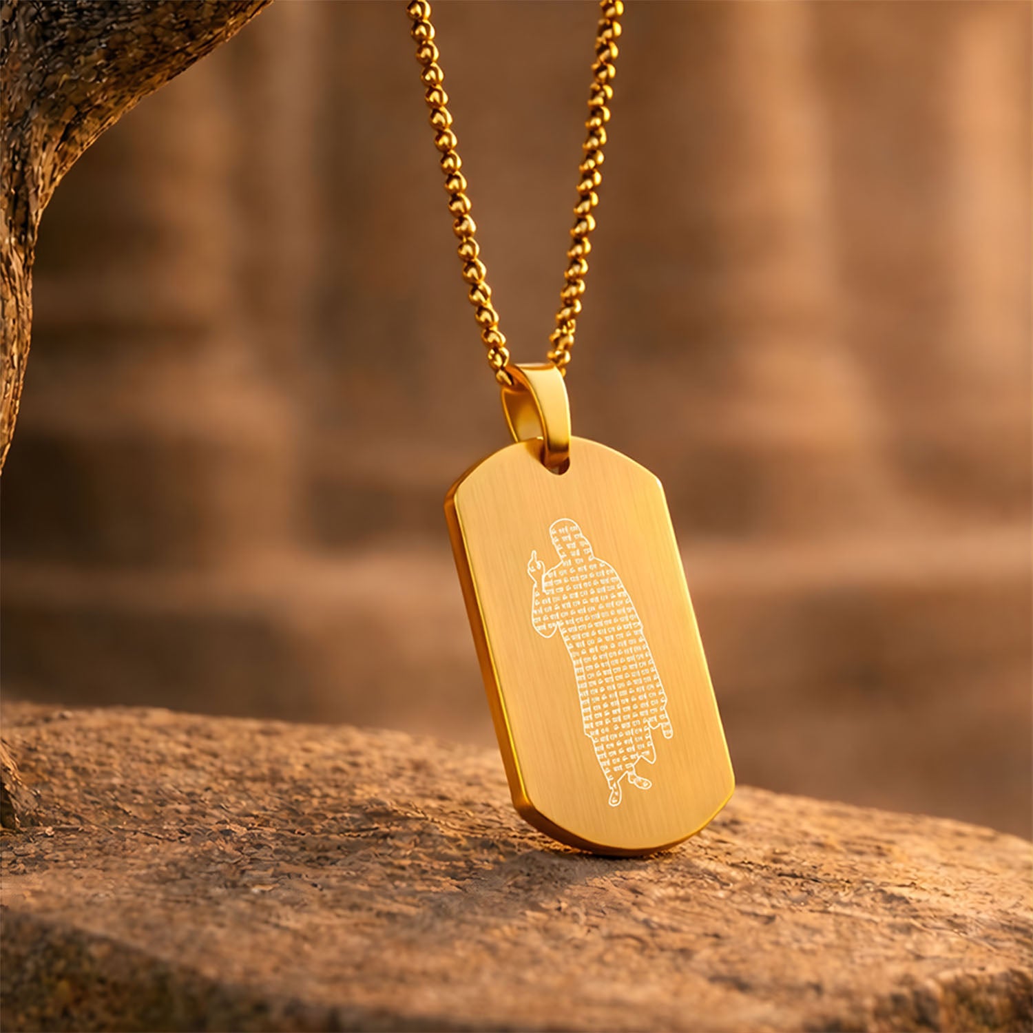 Om Sai Ram Inlay MicroCarved Tag Necklace Gold