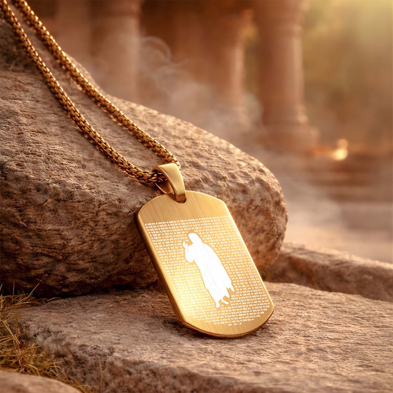 Om Sai Ram MicroCarved Tag Necklace Gold
