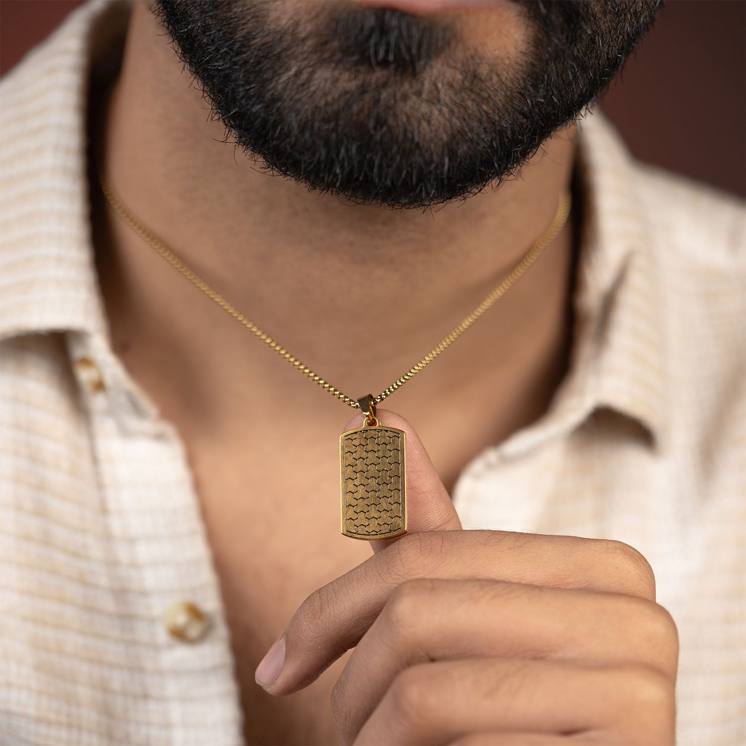 Gold Stainless Steel Tag Necklace with Geometric design