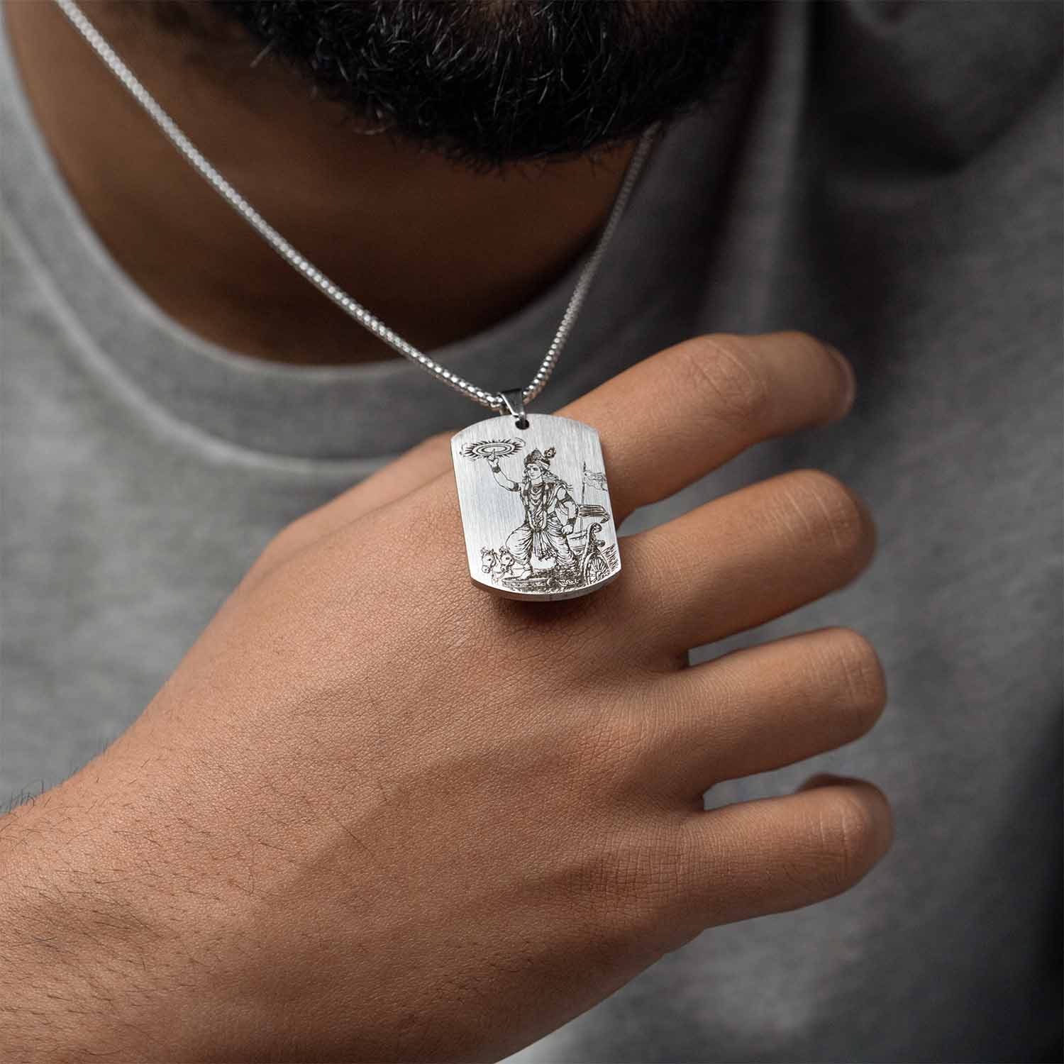 Guiding Krishna Godform Silver Tag Necklace