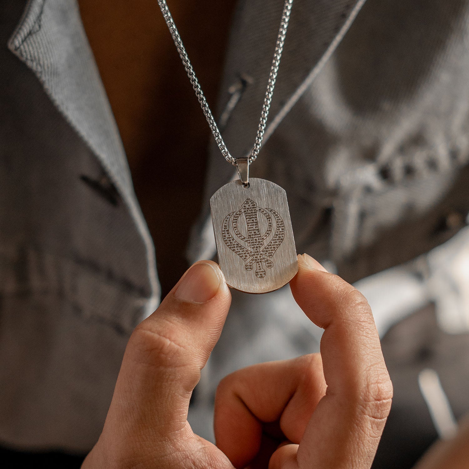 Khanda MicroCarved Tag Necklace Silver