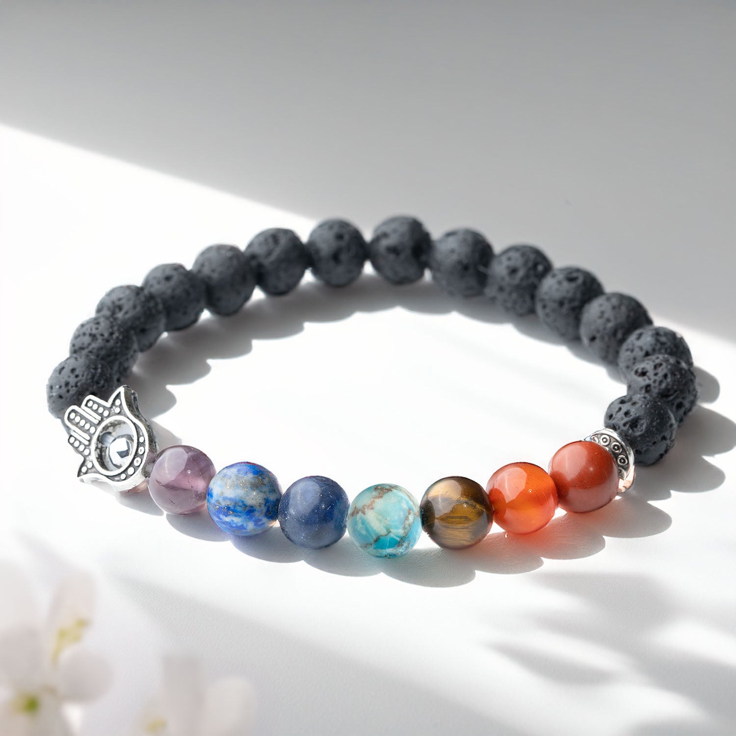 Natural Stone Jewellery Lava 7 Chakra Natural Stone Hamsa Elastic Bracelet