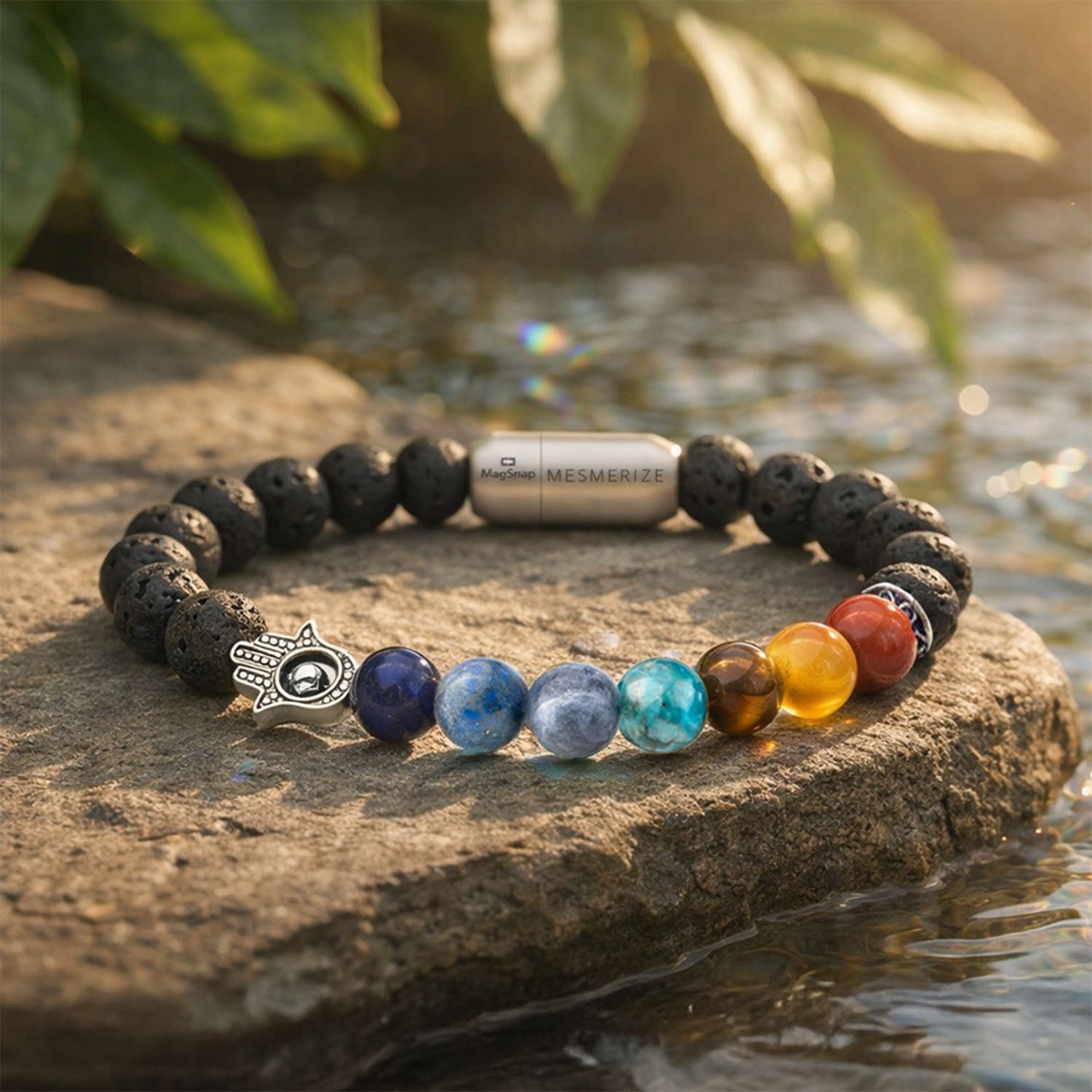 Natural Stone Jewellery Lava 7 Chakra Natural Stone Hamsa Bracelet with MagSnap