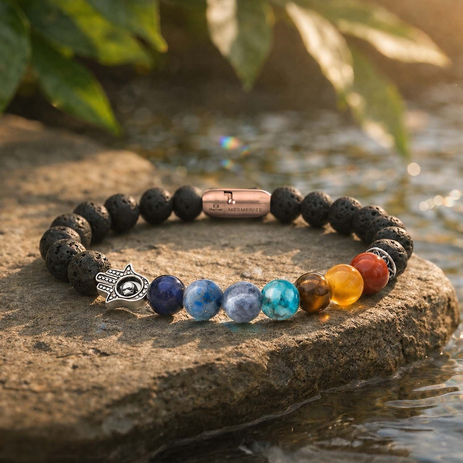 Natural Stone Jewellery Lava 7 Chakra Natural Stone Hamsa Bracelet with MagSnap