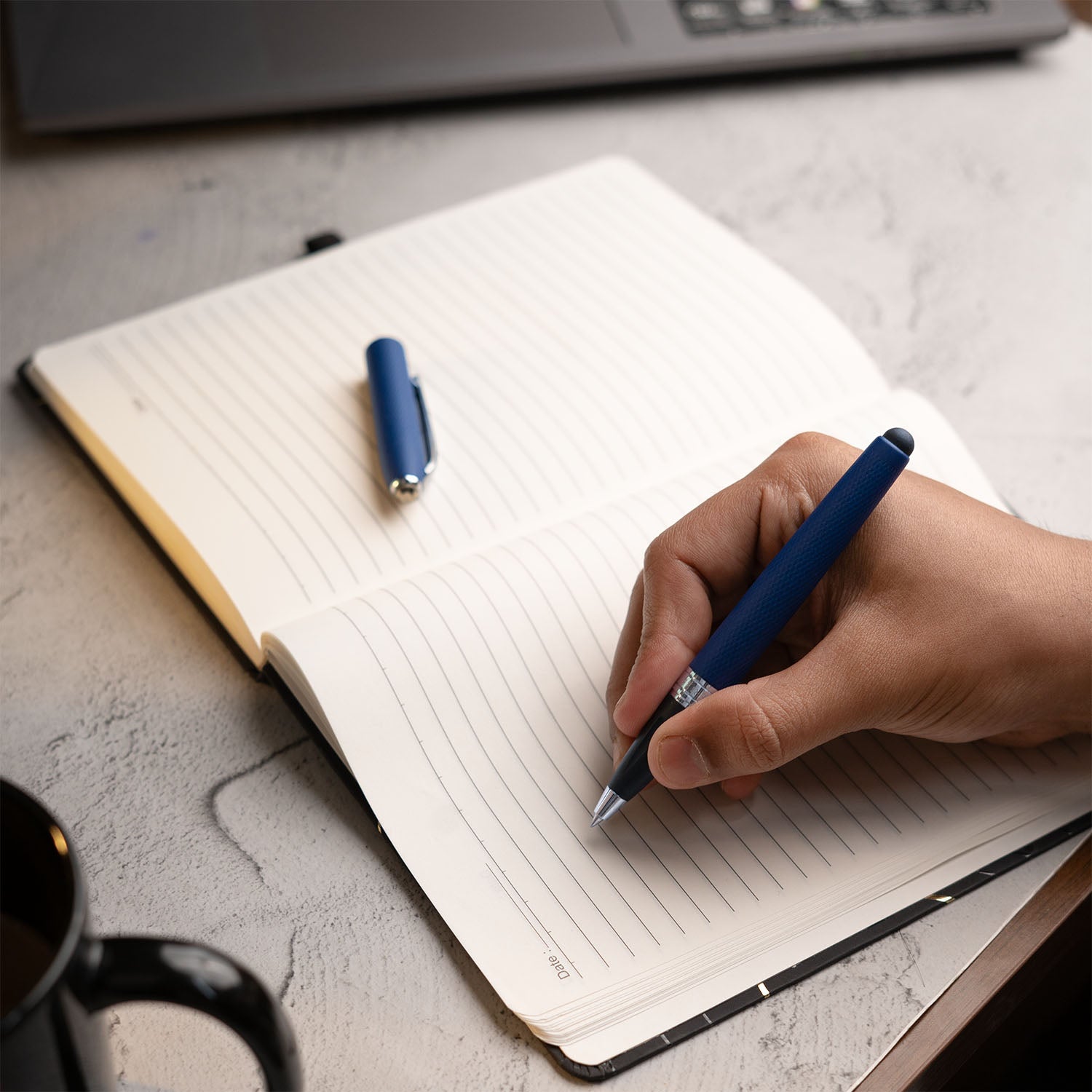 Matte Black Notebook with Ultra Matte Blue Pyrite 2 in 1 MagSnap Roller Ball Pen with Stylus Personalised