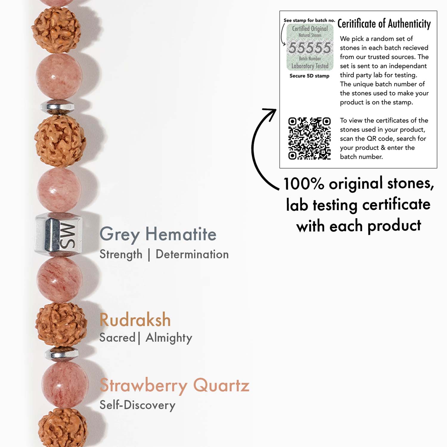 Personalised Serenity Strawberry Quartz & Rudraksh Bracelet Elastic