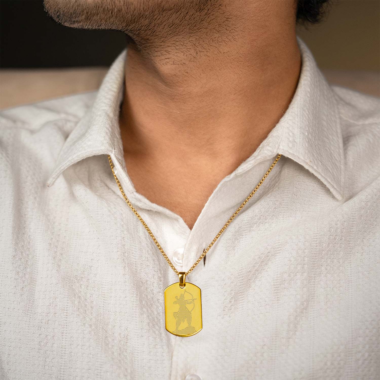 Ram MicroCarved Inlay Tag Necklace Gold