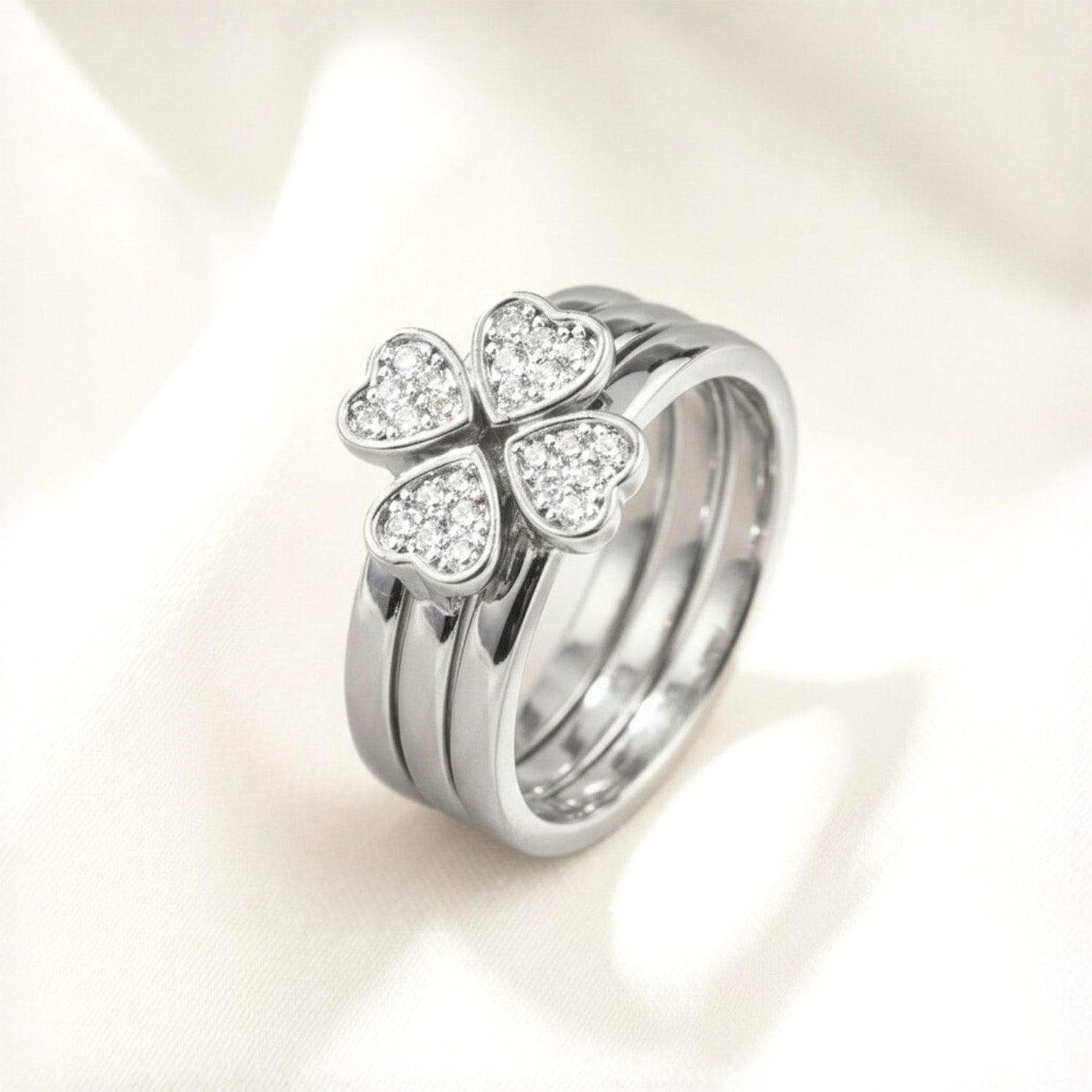 W Premium Jewellery Silver Clover Heart Rings (Pack Of 3)