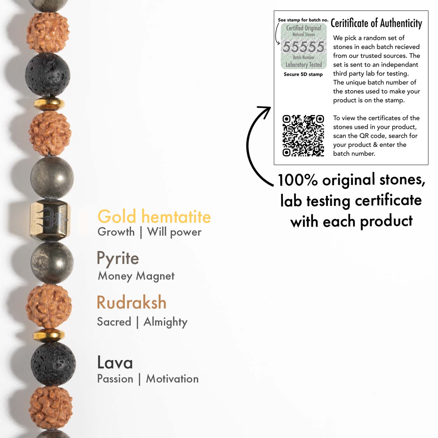 Spiritual Rudraksh Pyrite Trishul Elastic Bracelet