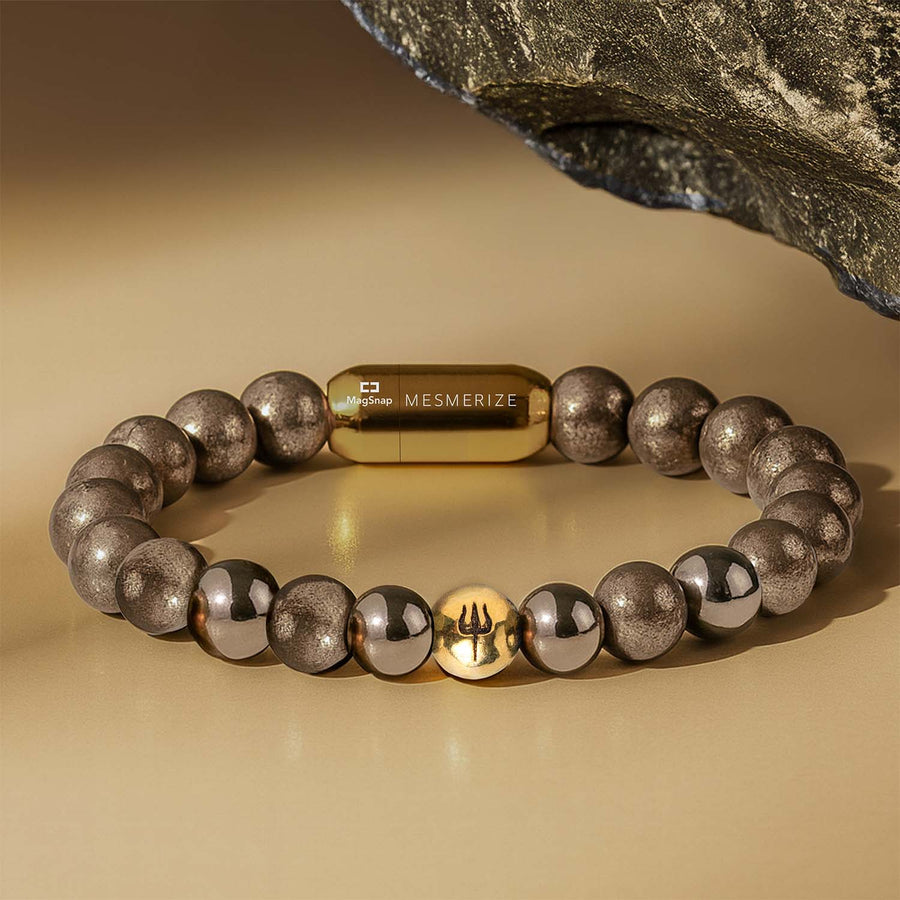 Pure 925 Silver Pyrite Trishul Natural Stone Bracelet with Magsnap