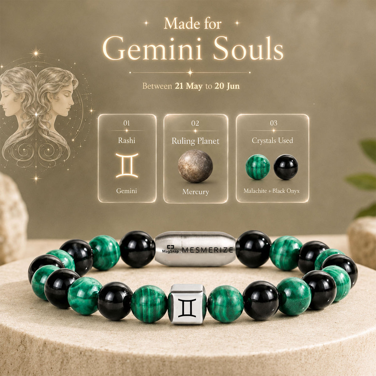 Gemini (Mithun) Zodiac Stone Bracelet with MagSnap
