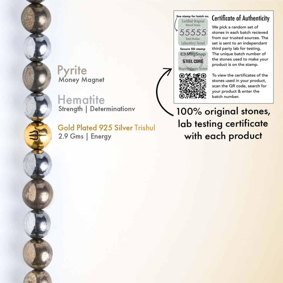 925 Sterling Silver Pyrite Trishul Natural Stone Bracelet with Magsnap 2