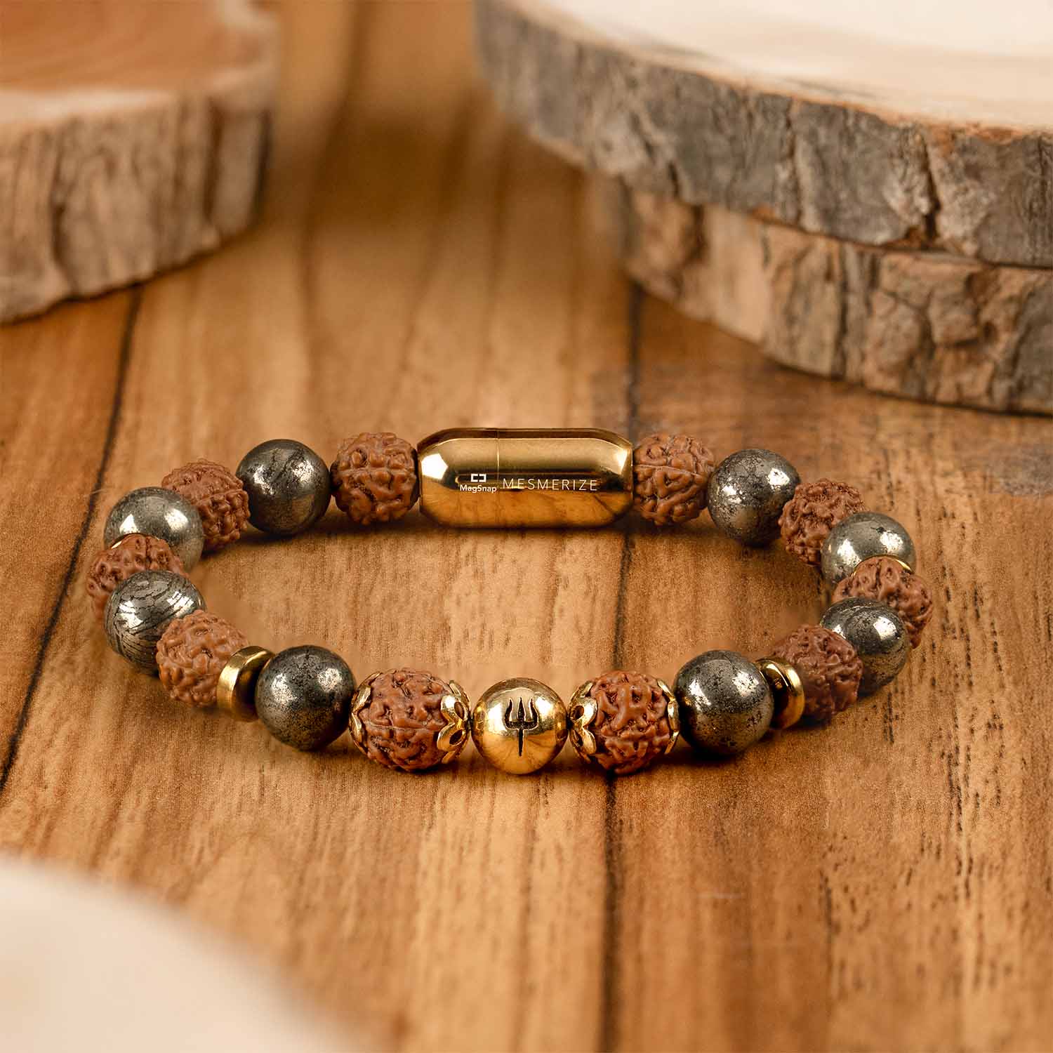 925 Sterling Silver Spiritual Trishul Pyite Natural Stone Bracelet with MagSnap2