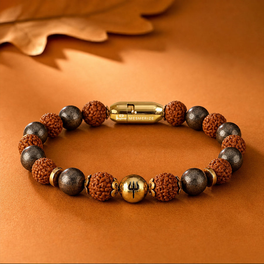 925 Sterling Silver Spiritual Trishul Pyrite Natural Stone Bracelet with MagSnap