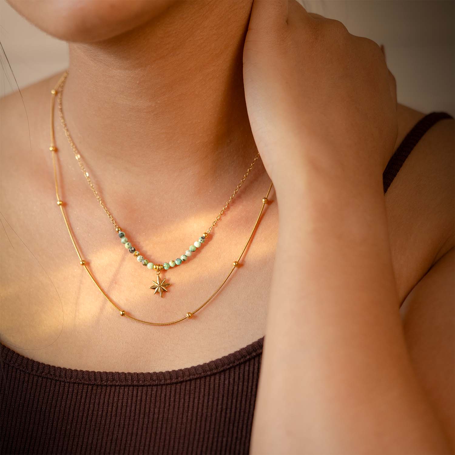 Astra Multi-Layer Gold Star Necklace with Emerald Stone