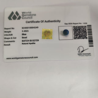 Blue Apatite lab certificate 15