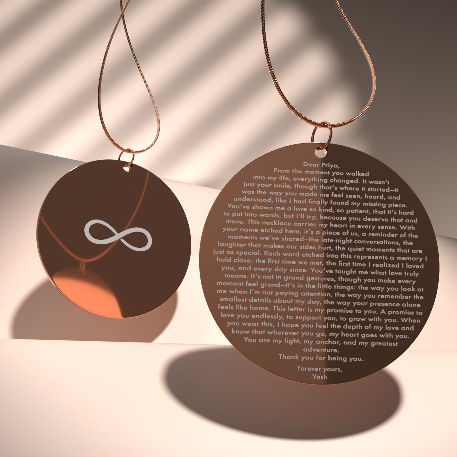 Personalised Infinity Love Letter MicroCarved Circle Necklace Rose Gold