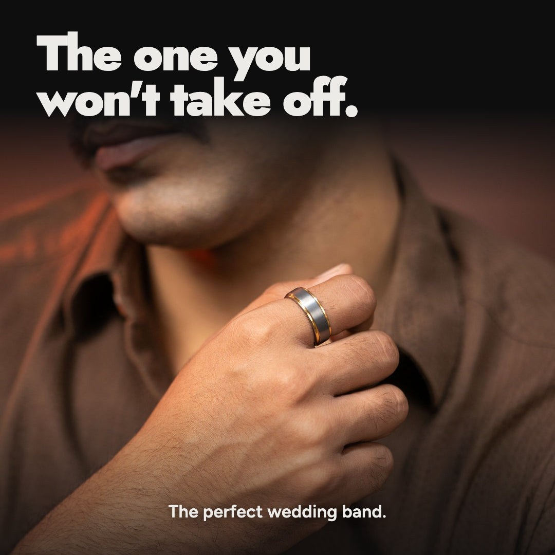 Gunmetal Inlay Gold-Edged Tungsten Carbide Band Ring