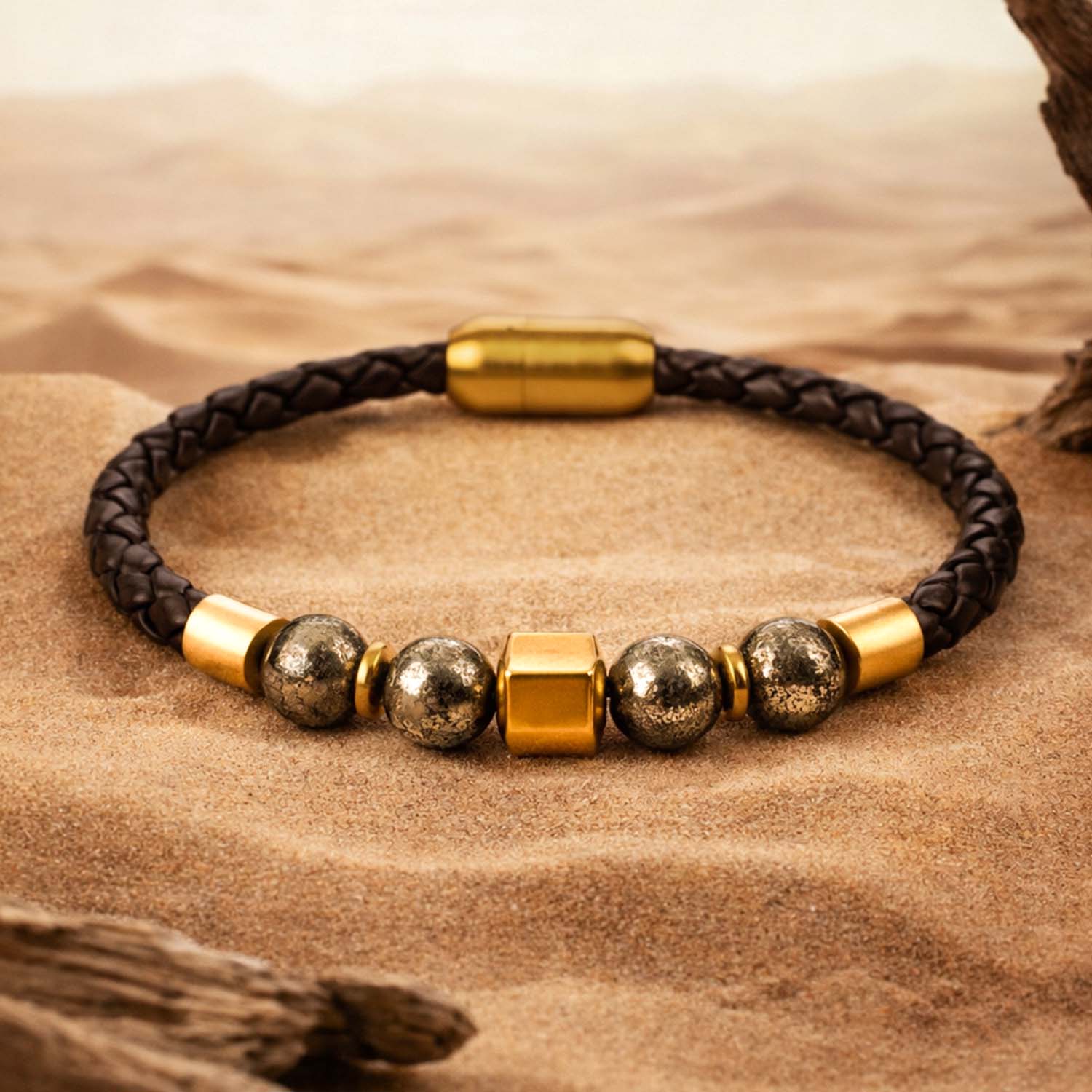 Non Personalised Pyrite Natural Stone NeoLeather Bracelet With MagSnap2