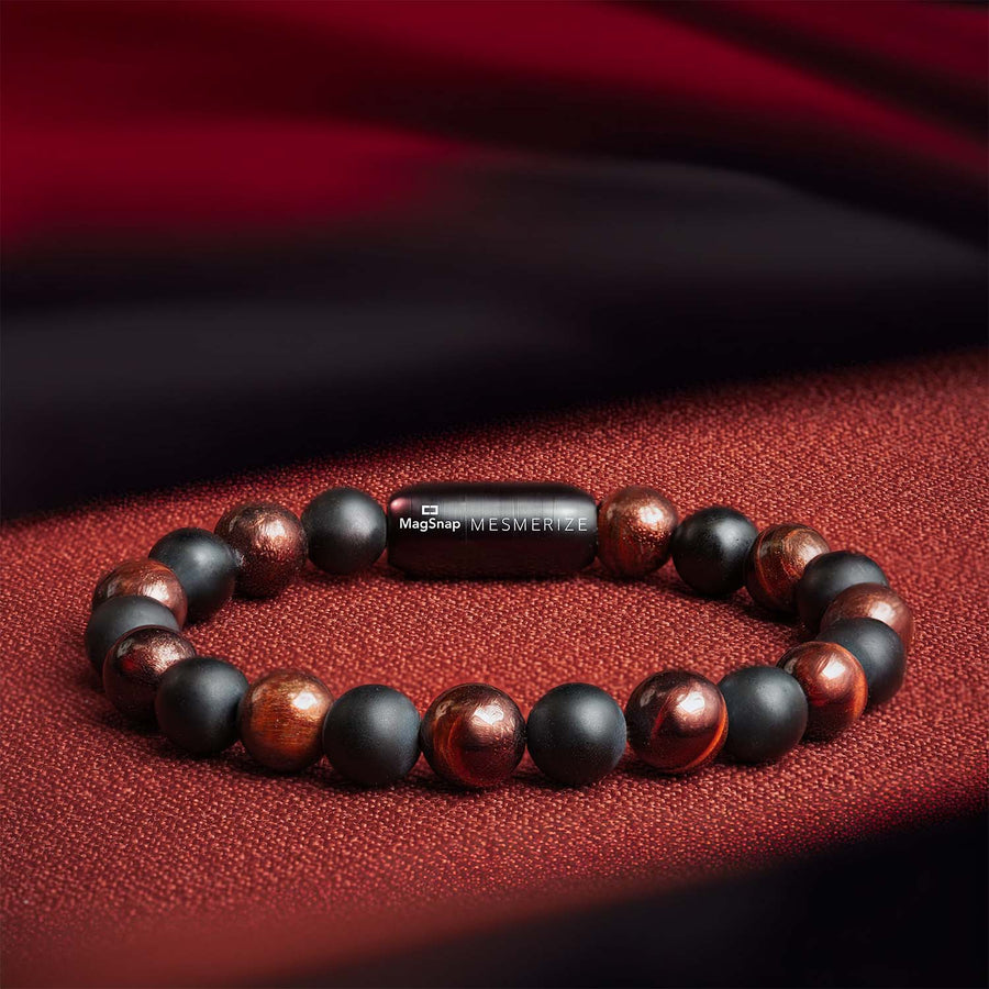Onyx Black and Red Tiger Natural Stone Bracelet with MagSnap