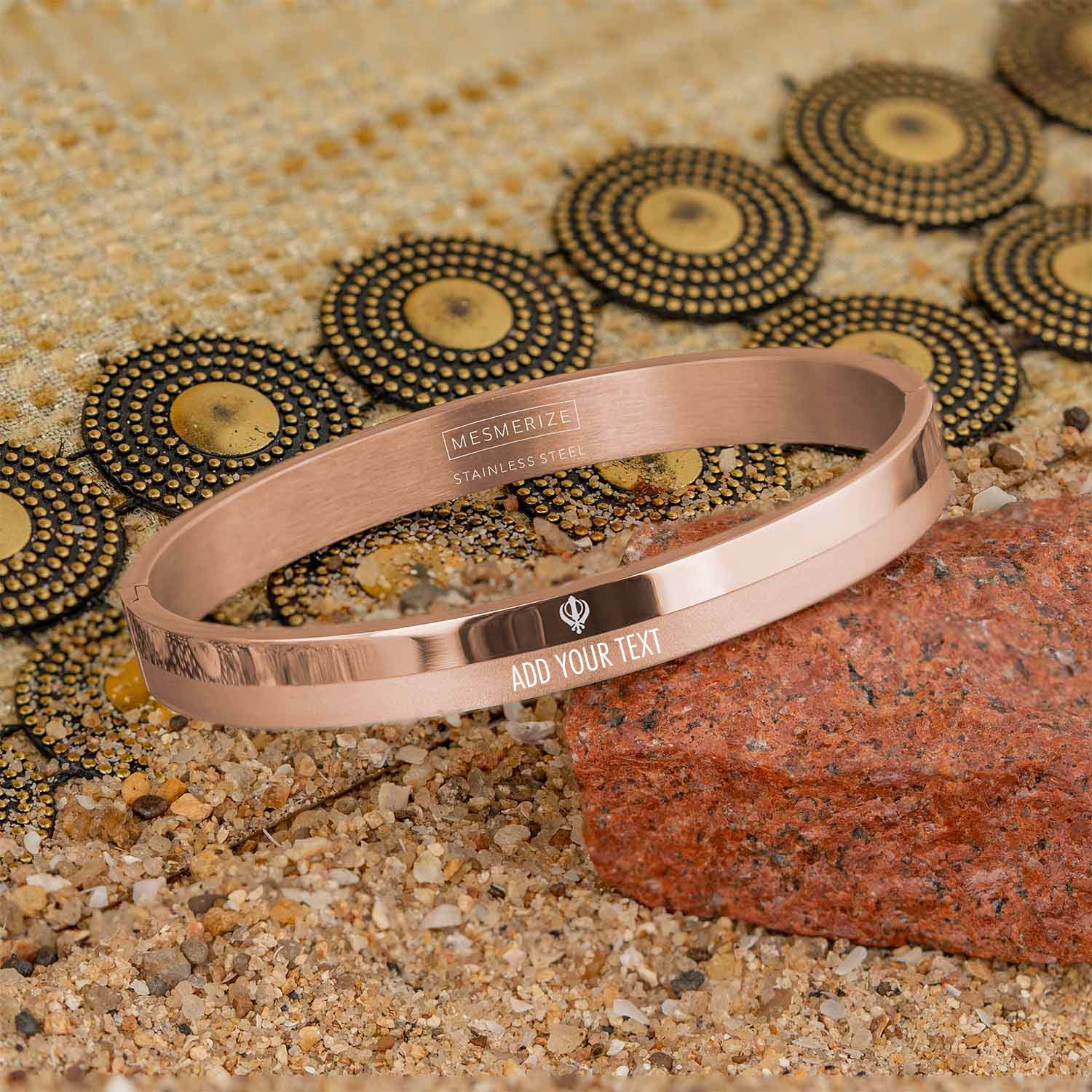 Personalised Khanda Dual Finish Kada Bracelet Rose Gold