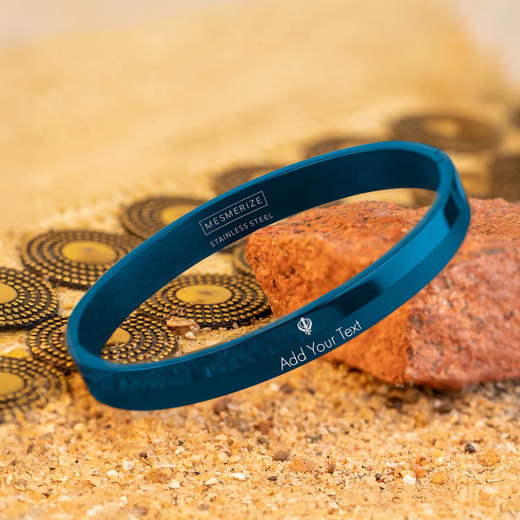 Personalised Khanda Dual Finish Kada Bracelet Blue