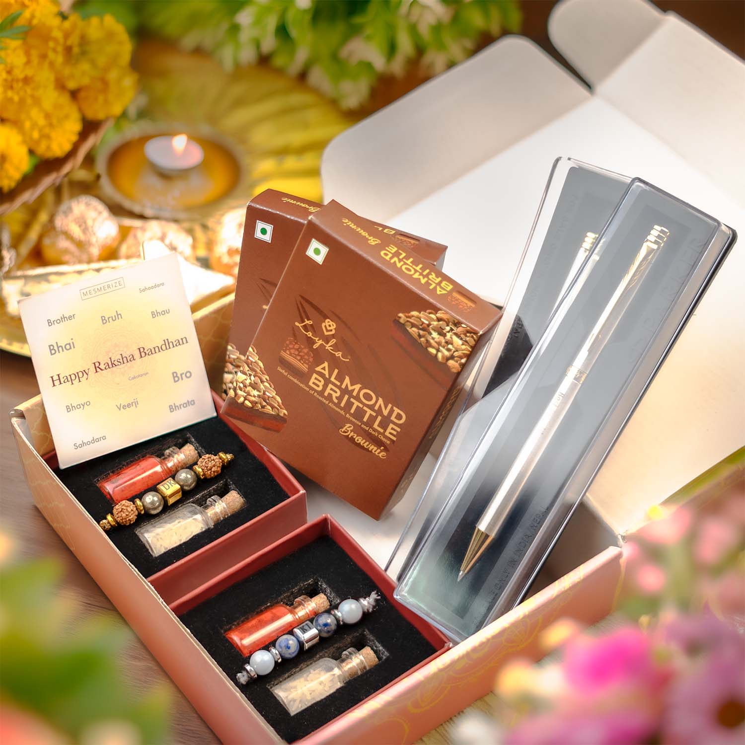 Personalised Rudraksh & Lapiz Rakhis + 2 Pens + 2 Brownies