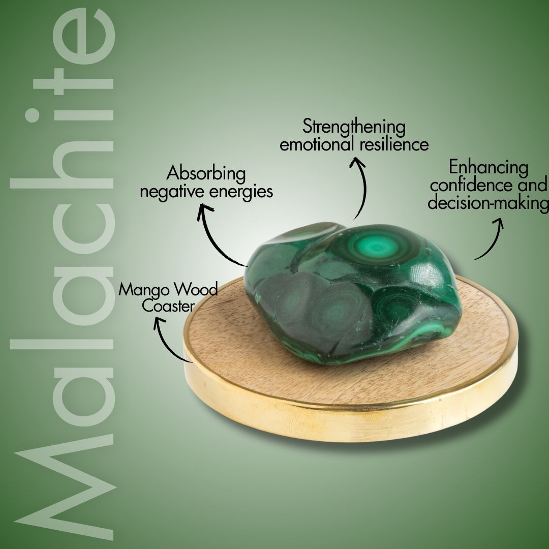 Prosperity Polished Malachite Raw Stone With Mango Wood Coaster