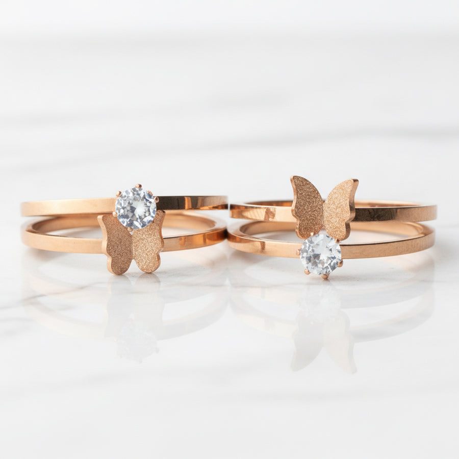 Rose Gold Crystal Butterfly Rings