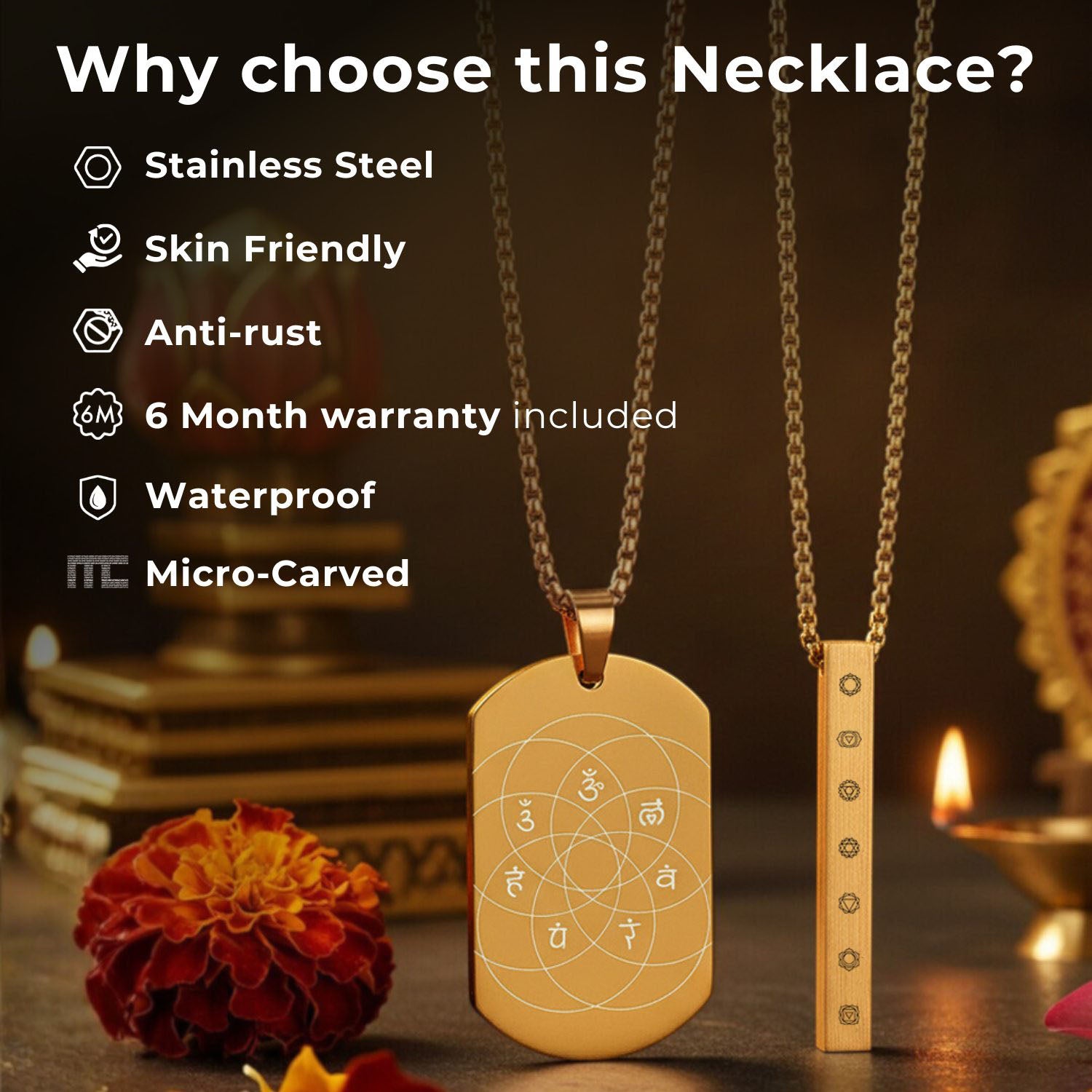 Om Sai Ram MicroCarved Tag Necklace Gold