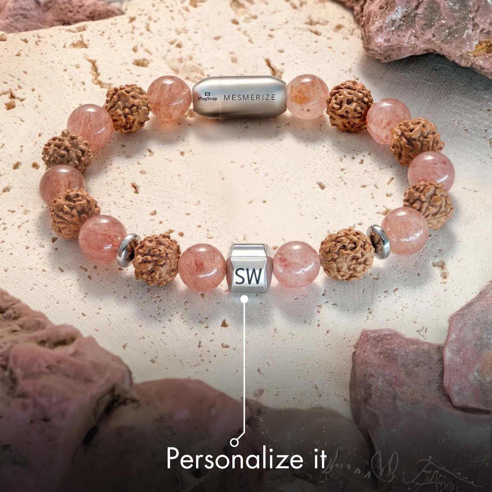 Personalised Serenity Strawberry Quartz & Rudraksh Bracelet with Magsnap2